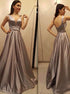 Chic Straps Silver A Line Belt Satin Prom Dresses LBQ0453